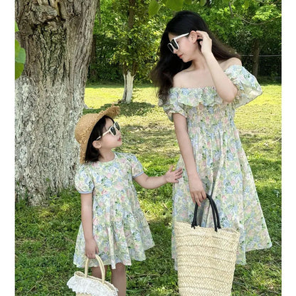 Mommy and Me Matching Dress Green Floral Off Shoulder Shirred Waist Puffed Sleeve Maxi Dress - ChildAngle