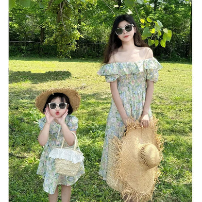 Mommy and Me Matching Dress Green Floral Off Shoulder Shirred Waist Puffed Sleeve Maxi Dress - ChildAngle