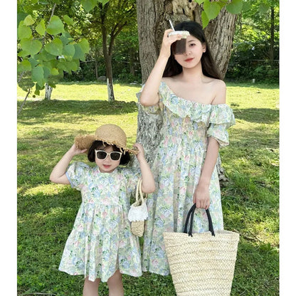 Mommy and Me Matching Dress Green Floral Off Shoulder Shirred Waist Puffed Sleeve Maxi Dress - ChildAngle