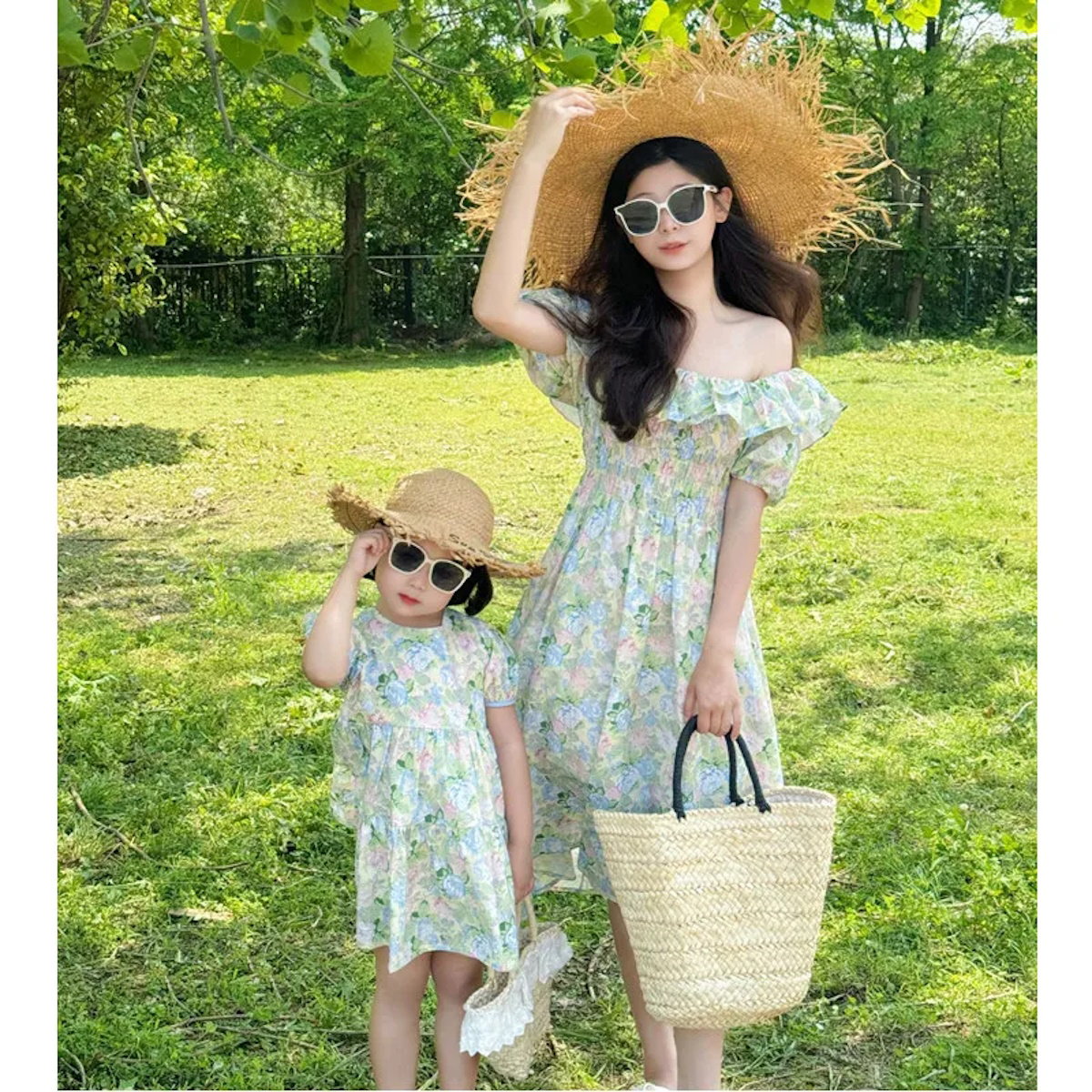 Mommy and Me Matching Dress Green Floral Off Shoulder Shirred Waist Puffed Sleeve Maxi Dress - ChildAngle