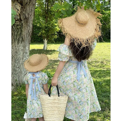 Mommy and Me Matching Dress Green Floral Off Shoulder Shirred Waist Puffed Sleeve Maxi Dress - ChildAngle