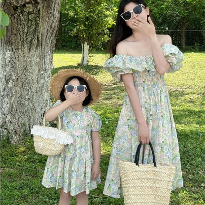 Mommy and Me Matching Dress Green Floral Off Shoulder Shirred Waist Puffed Sleeve Maxi Dress - ChildAngle
