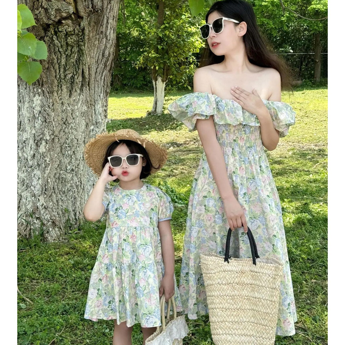 Mommy and Me Matching Dress Green Floral Off Shoulder Shirred Waist Puffed Sleeve Maxi Dress - ChildAngle
