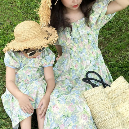 Mommy and Me Matching Dress Green Floral Off Shoulder Shirred Waist Puffed Sleeve Maxi Dress - ChildAngle