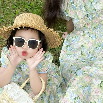 Mommy and Me Matching Dress Green Floral Off Shoulder Shirred Waist Puffed Sleeve Maxi Dress - ChildAngle