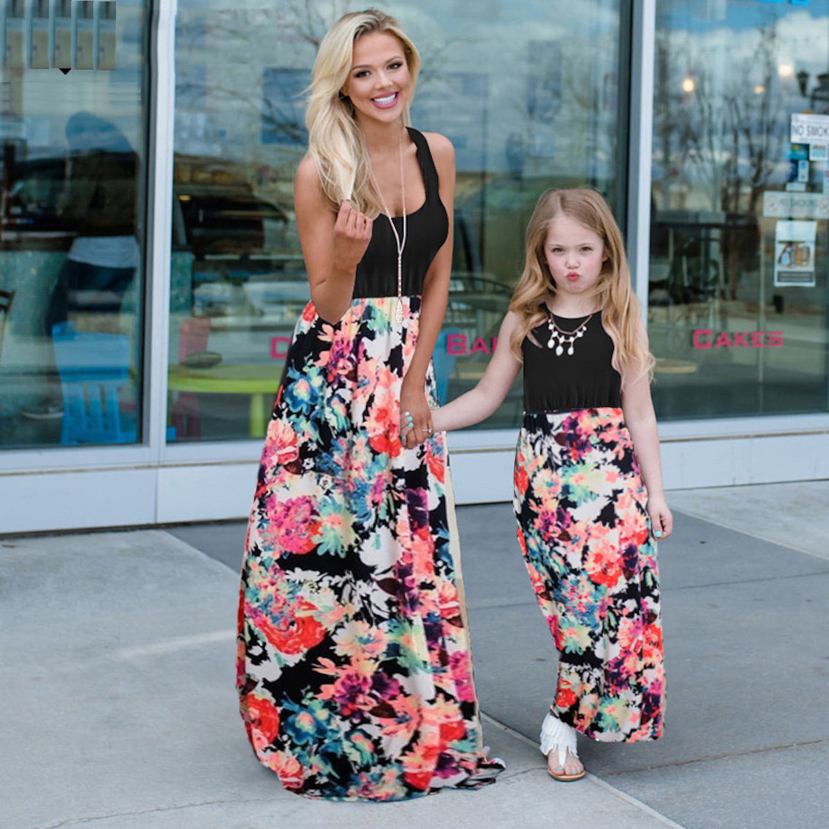 Black Family Matching Dress Floral Maxi Dress for Mommy and Me Matching Outfits - ChildAngle