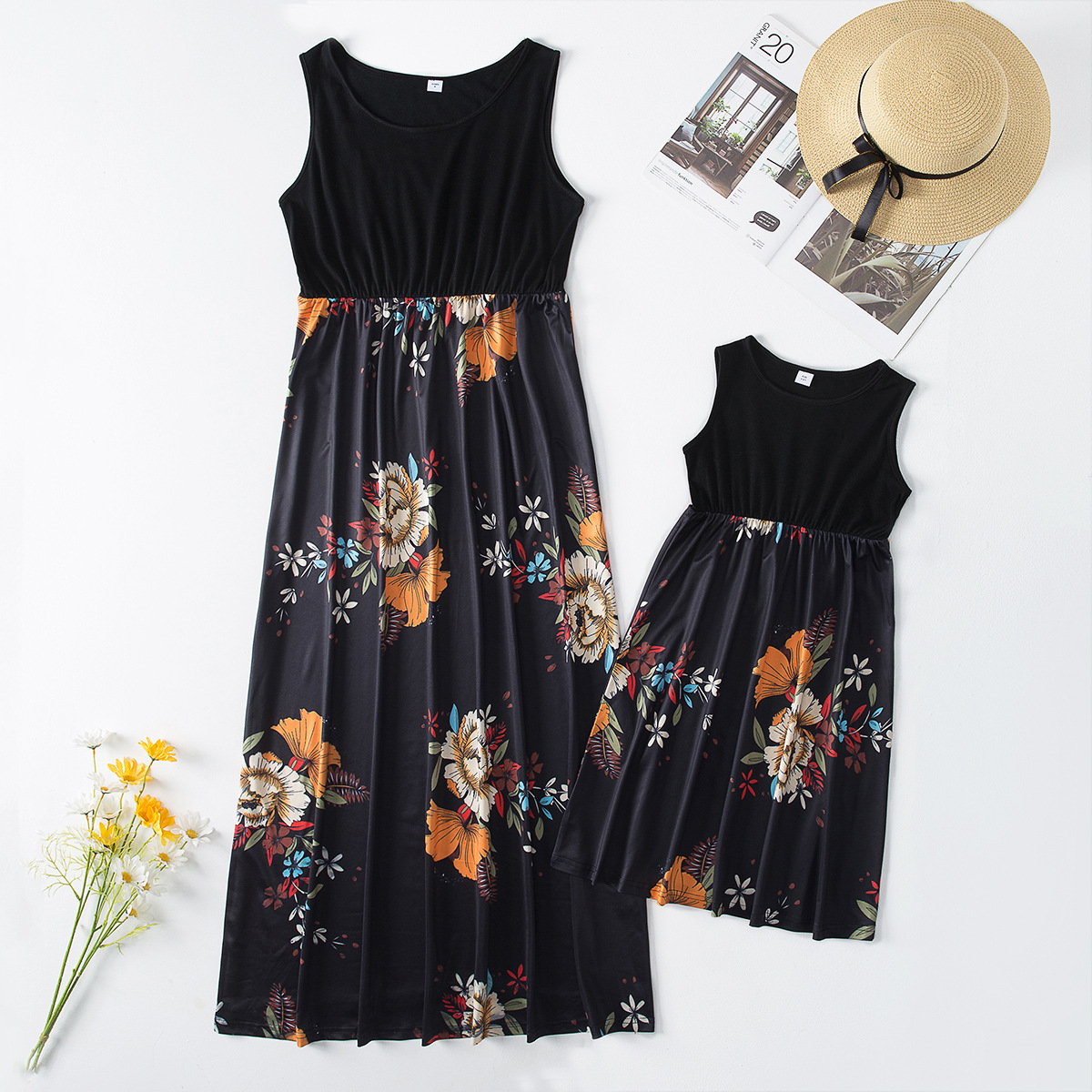 Black Family Matching Dress Floral Maxi Dress for Mommy and Me Matching Outfits - ChildAngle