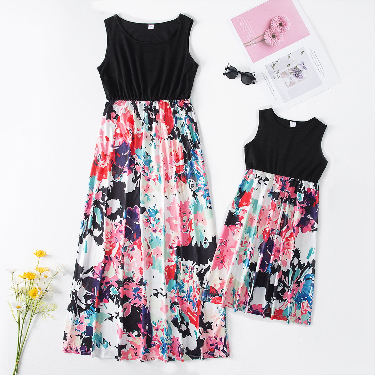 Black Family Matching Dress Floral Maxi Dress for Mommy and Me Matching Outfits - ChildAngle