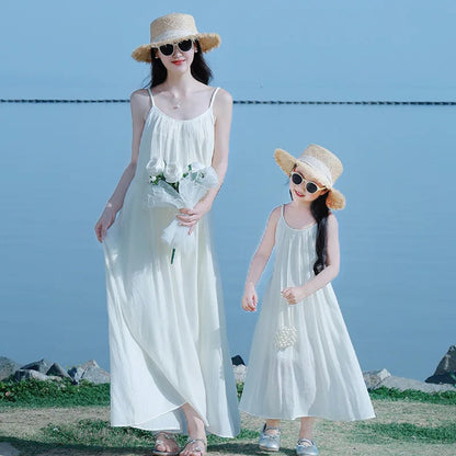 Mommy and Me Matching Dress Spaghetti Strap White Slip Maxi Dress - ChildAngle