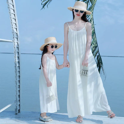 Mommy and Me Matching Dress Spaghetti Strap White Slip Maxi Dress - ChildAngle