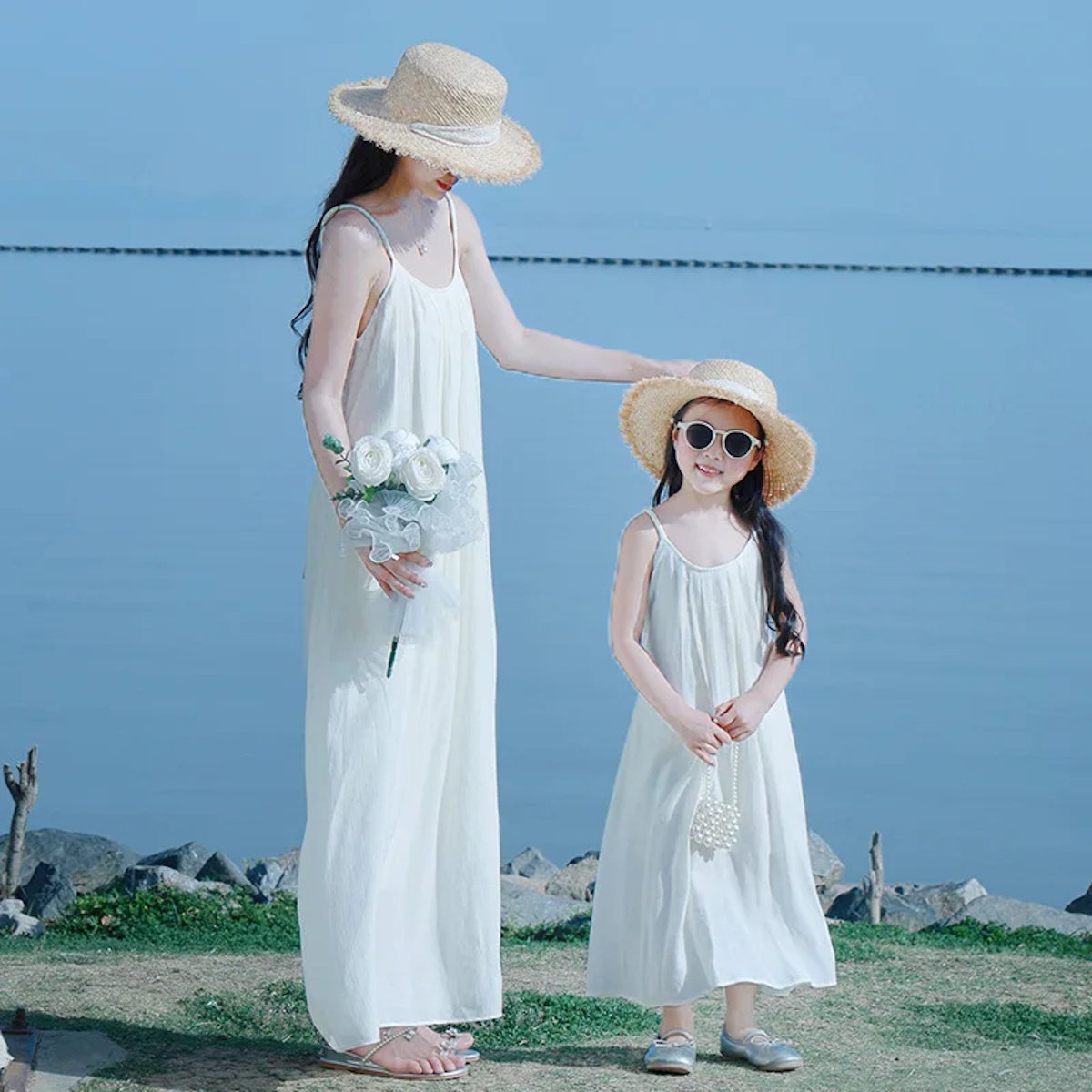 Mommy and Me Matching Dress Spaghetti Strap White Slip Maxi Dress - ChildAngle