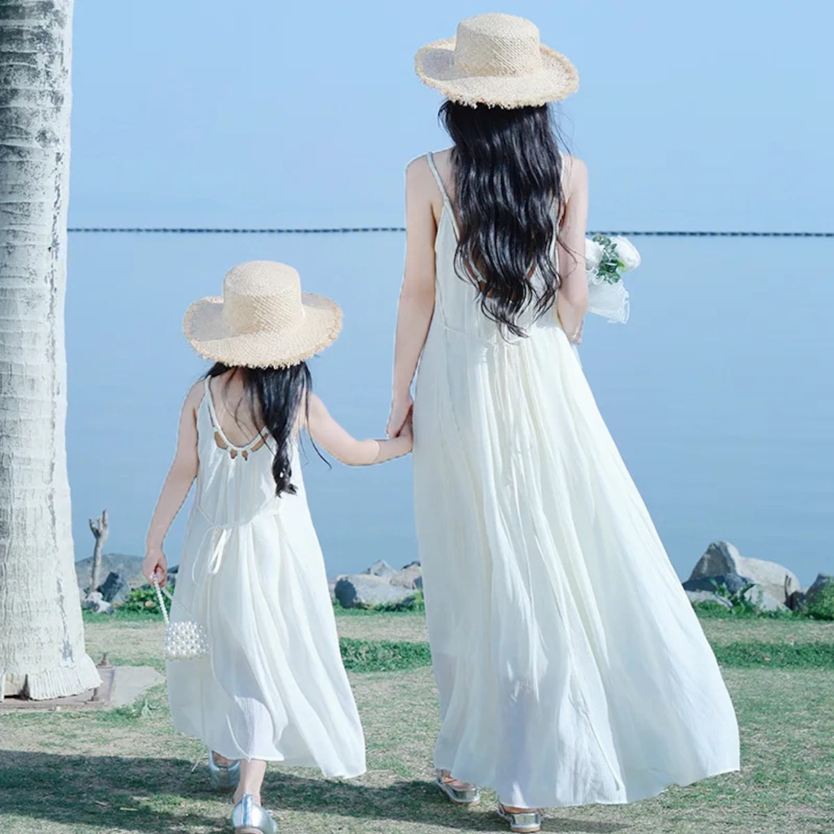 Mommy and Me Matching Dress Spaghetti Strap White Slip Maxi Dress - ChildAngle