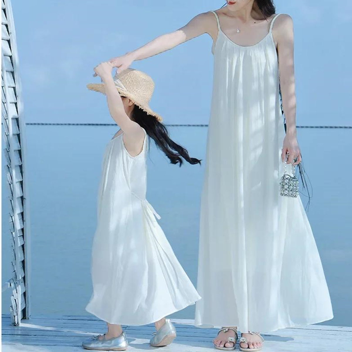 Mommy and Me Matching Dress Spaghetti Strap White Slip Maxi Dress - ChildAngle