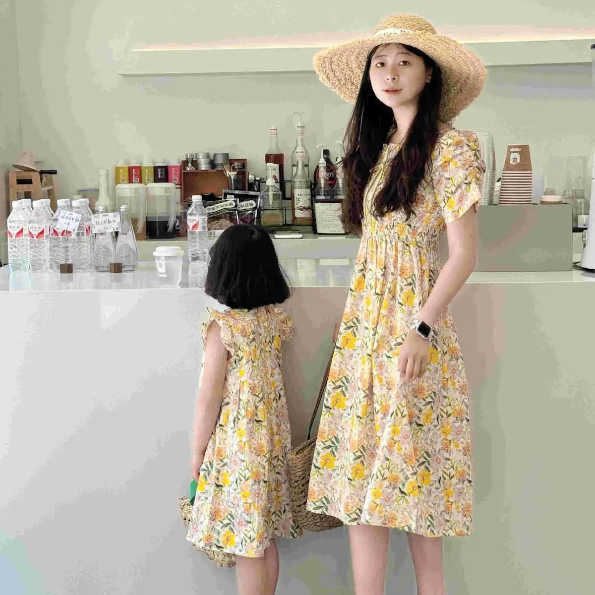 Mommy and Me Matching Dress Flower Print Square Neck Shirred Dress - ChildAngle