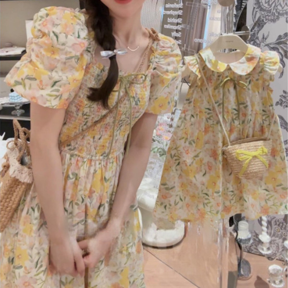 Mommy and Me Matching Dress Flower Print Square Neck Shirred Dress - ChildAngle