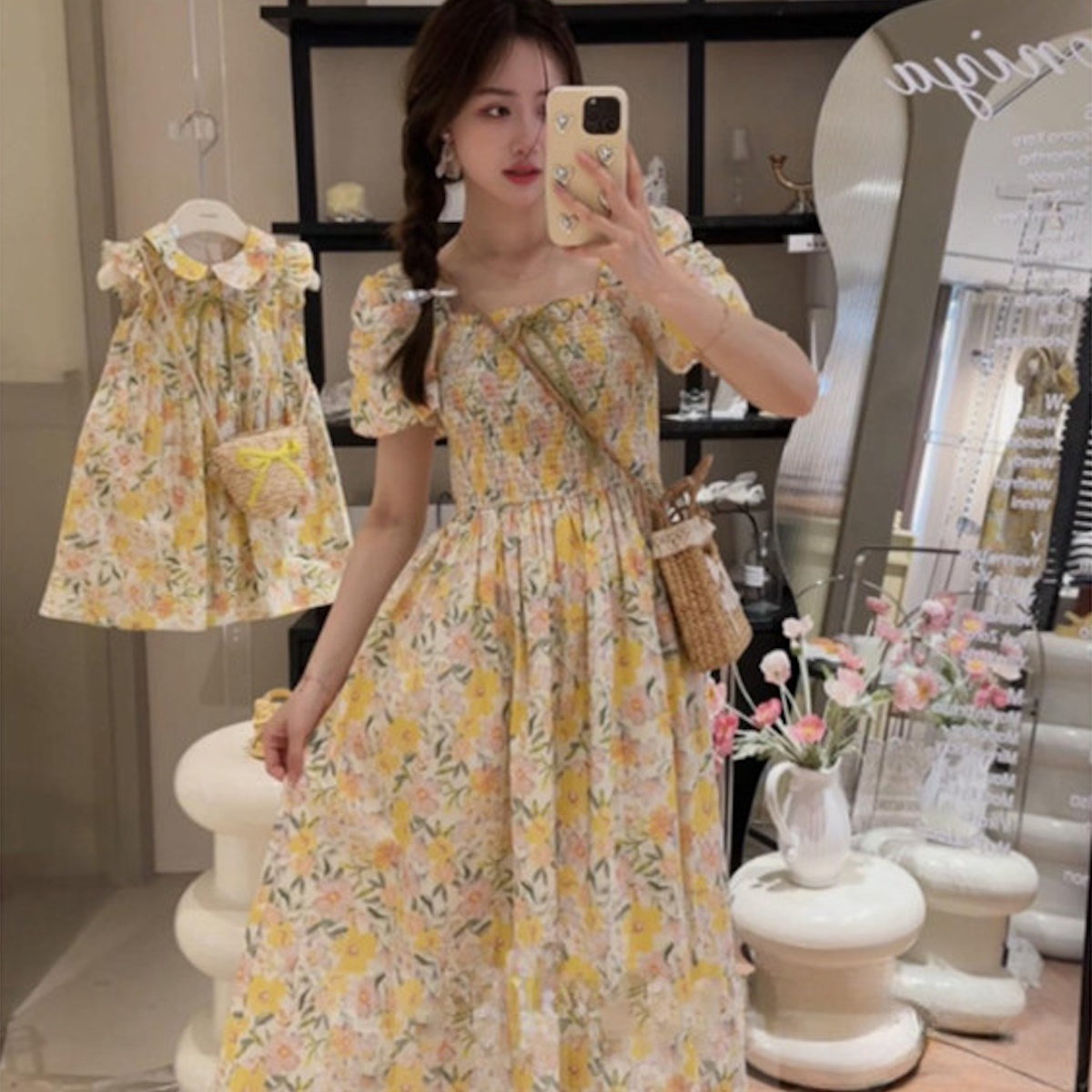 Mommy and Me Matching Dress Flower Print Square Neck Shirred Dress - ChildAngle