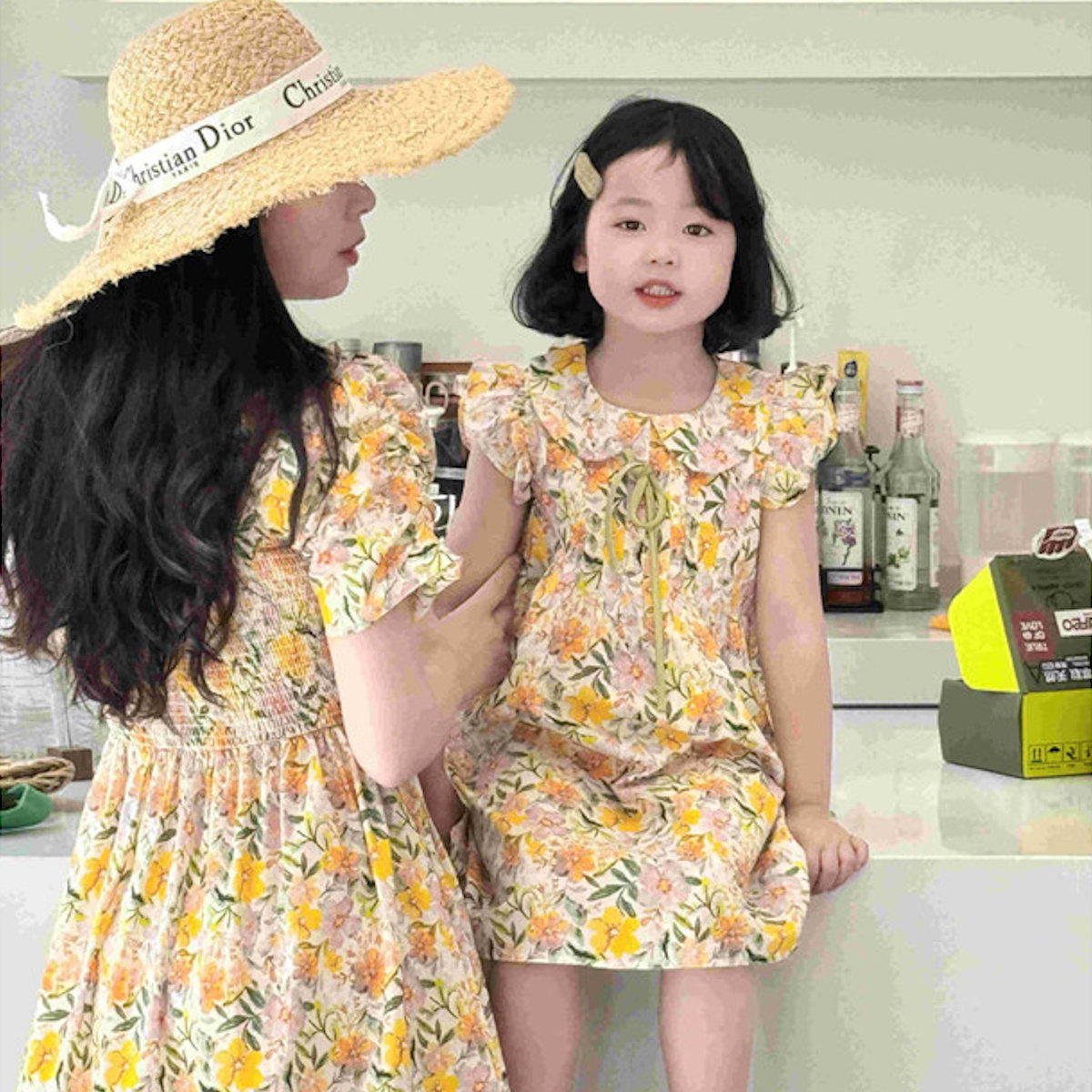 Mommy and Me Matching Dress Flower Print Square Neck Shirred Dress - ChildAngle