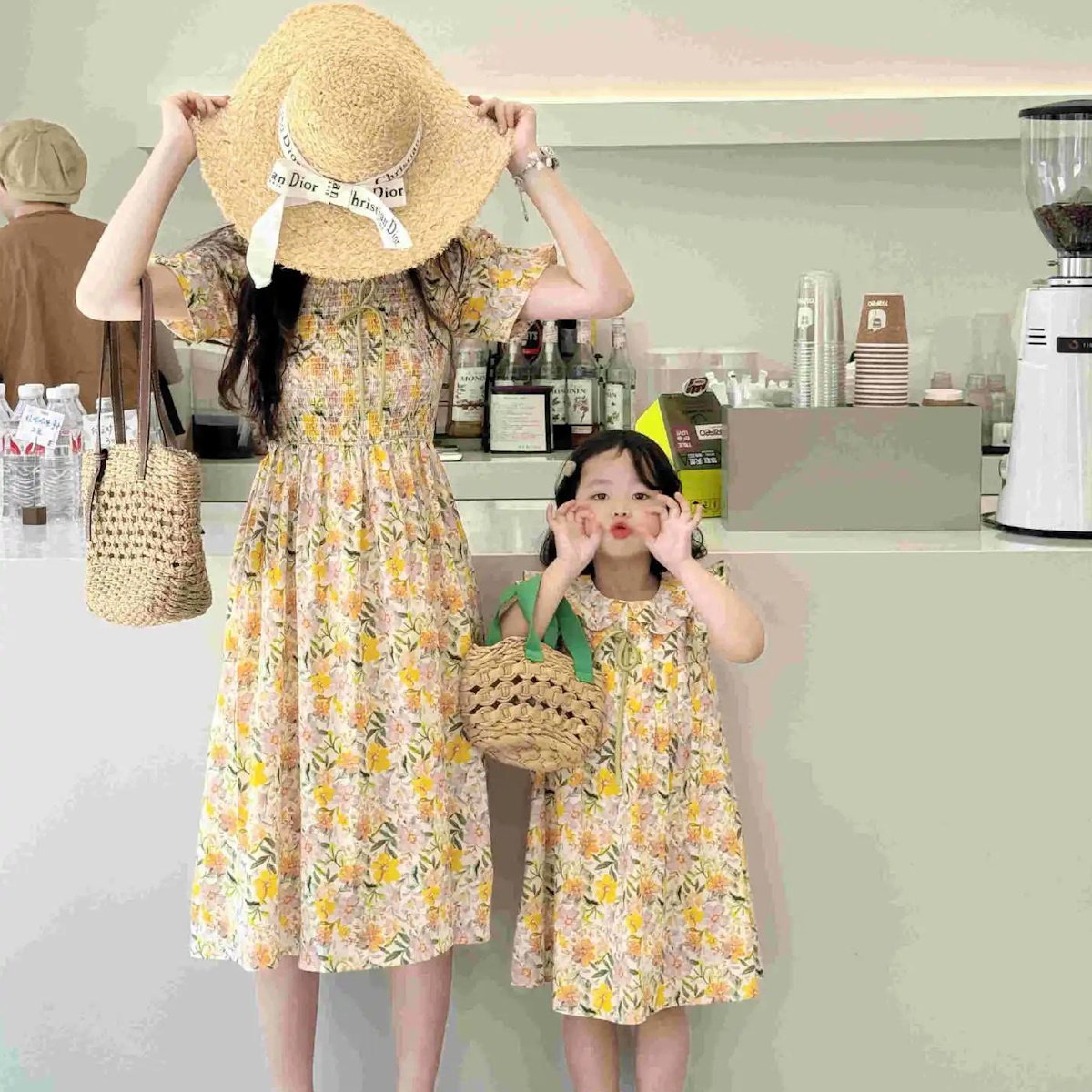 Mommy and Me Matching Dress Flower Print Square Neck Shirred Dress - ChildAngle