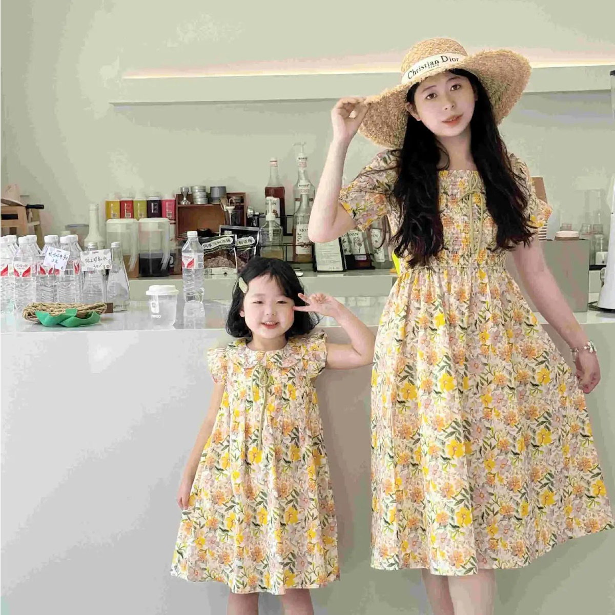 Mommy and Me Matching Dress Flower Print Square Neck Shirred Dress - ChildAngle