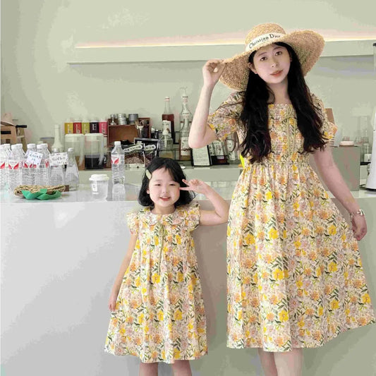 Mommy and Me Matching Dress Flower Print Square Neck Shirred Dress - ChildAngle