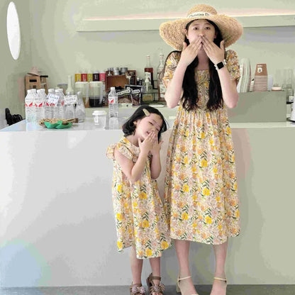 Mommy and Me Matching Dress Flower Print Square Neck Shirred Dress - ChildAngle
