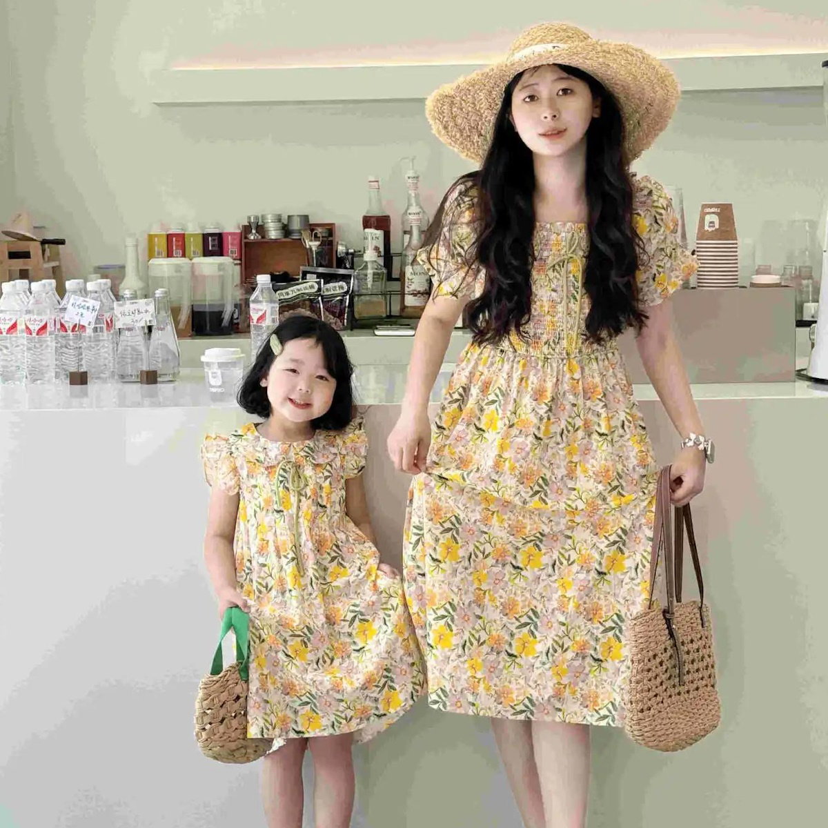 Mommy and Me Matching Dress Flower Print Square Neck Shirred Dress - ChildAngle