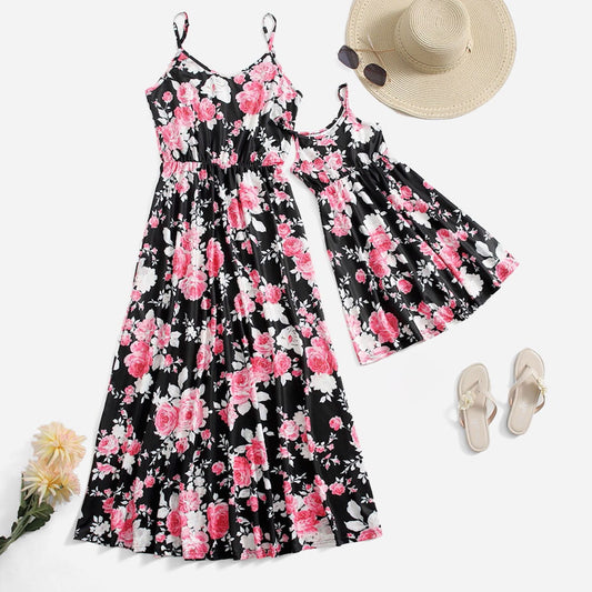 Black Family Matching Dress Floral Maxi Dress for Mommy and Me Matching Outfits - ChildAngle