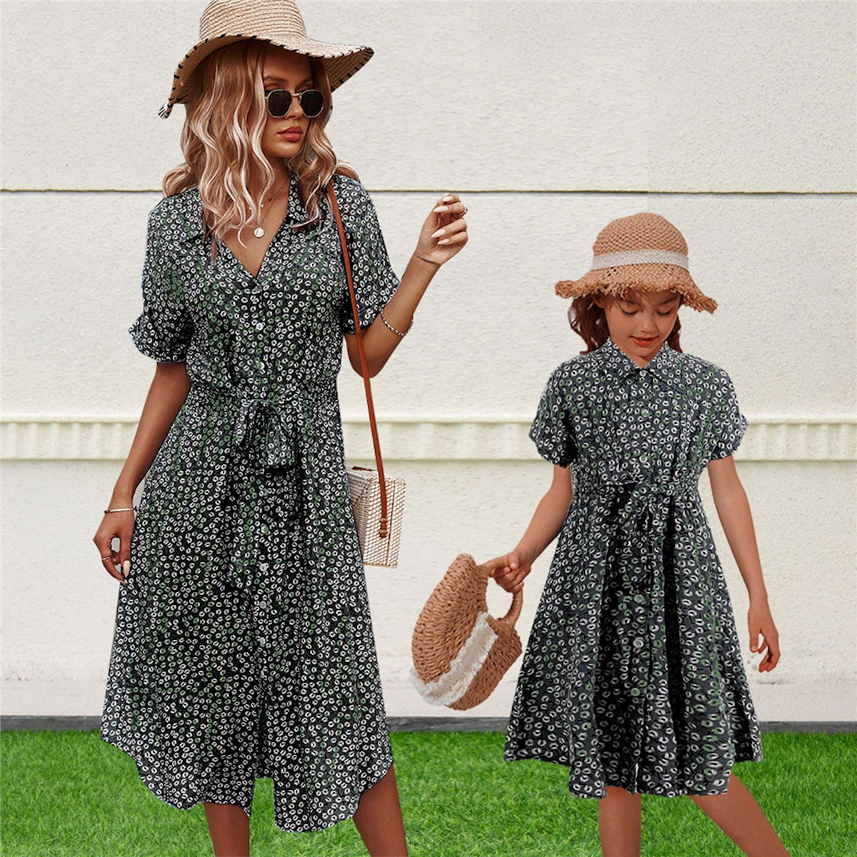 Mommy and Me Matching Short Sleeve Floral Slit Dress Mother and Daughter Outfit - ChildAngle