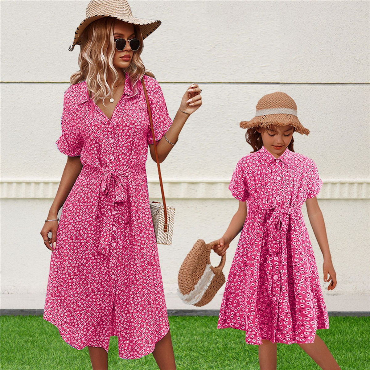 Mommy and Me Matching Short Sleeve Floral Slit Dress Mother and Daughter Outfit - ChildAngle