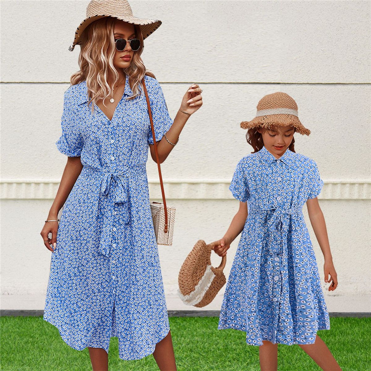 Mommy and Me Matching Short Sleeve Floral Slit Dress Mother and Daughter Outfit - ChildAngle