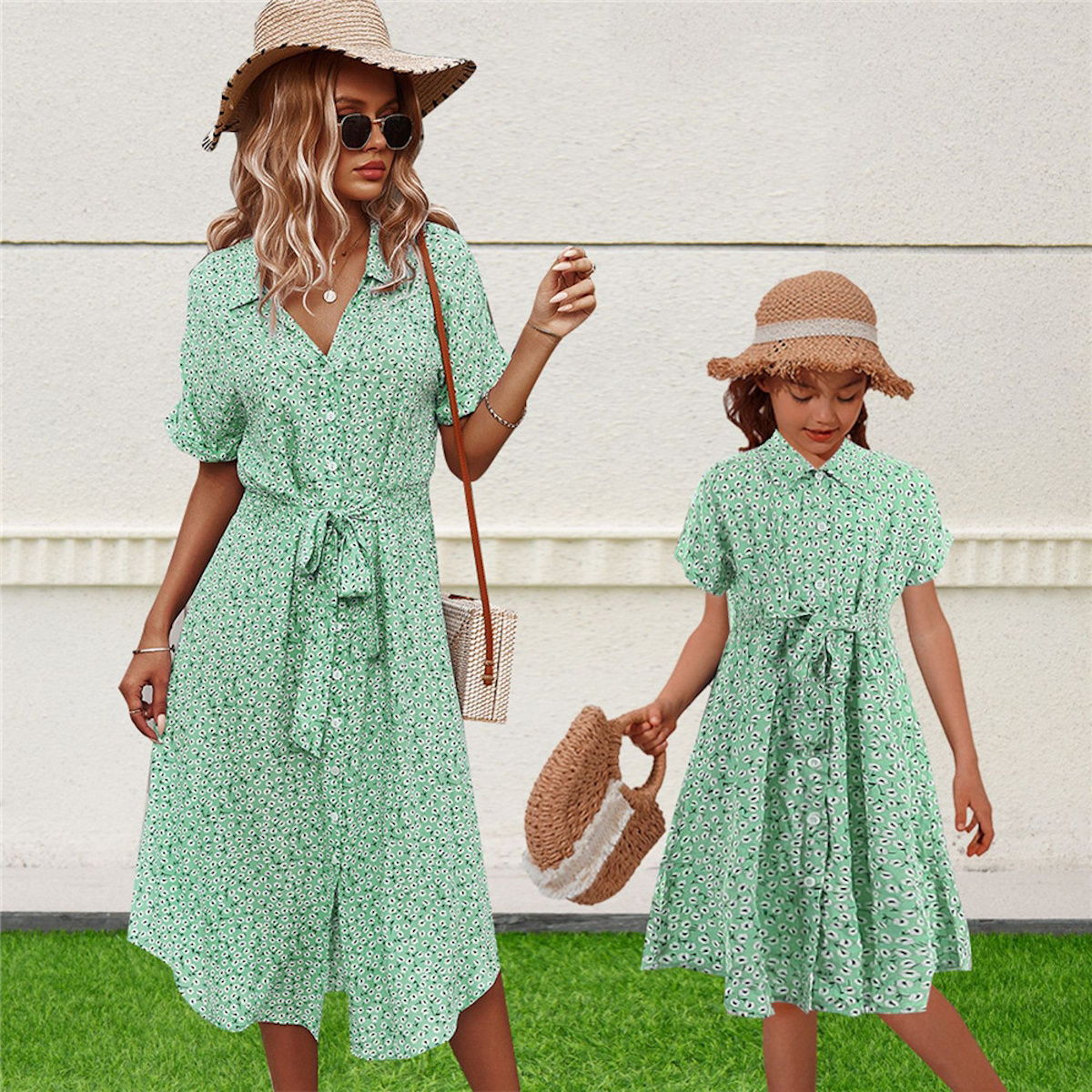 Mommy and Me Matching Short Sleeve Floral Slit Dress Mother and Daughter Outfit - ChildAngle