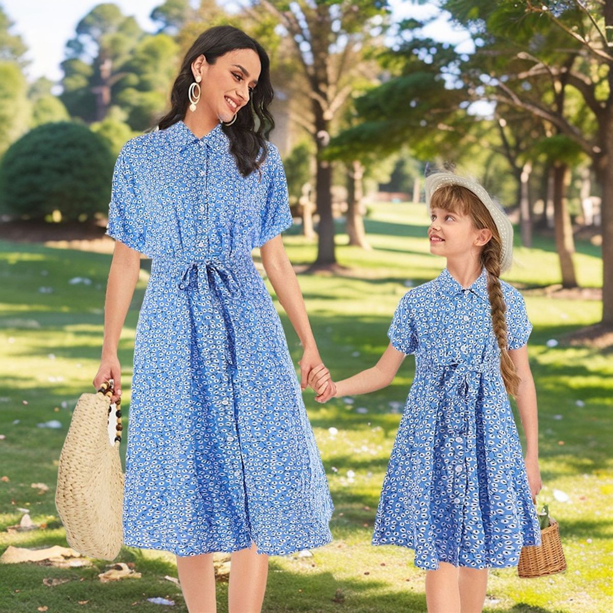 Mommy and Me Matching Short Sleeve Floral Slit Dress Mother and Daughter Outfit - ChildAngle