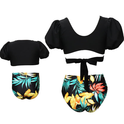 Summer Cross Front Mommy and Me Bikini Set High Waist Bikini Leopard Print Tropical Print Mother Daughter Swimwear - ChildAngle