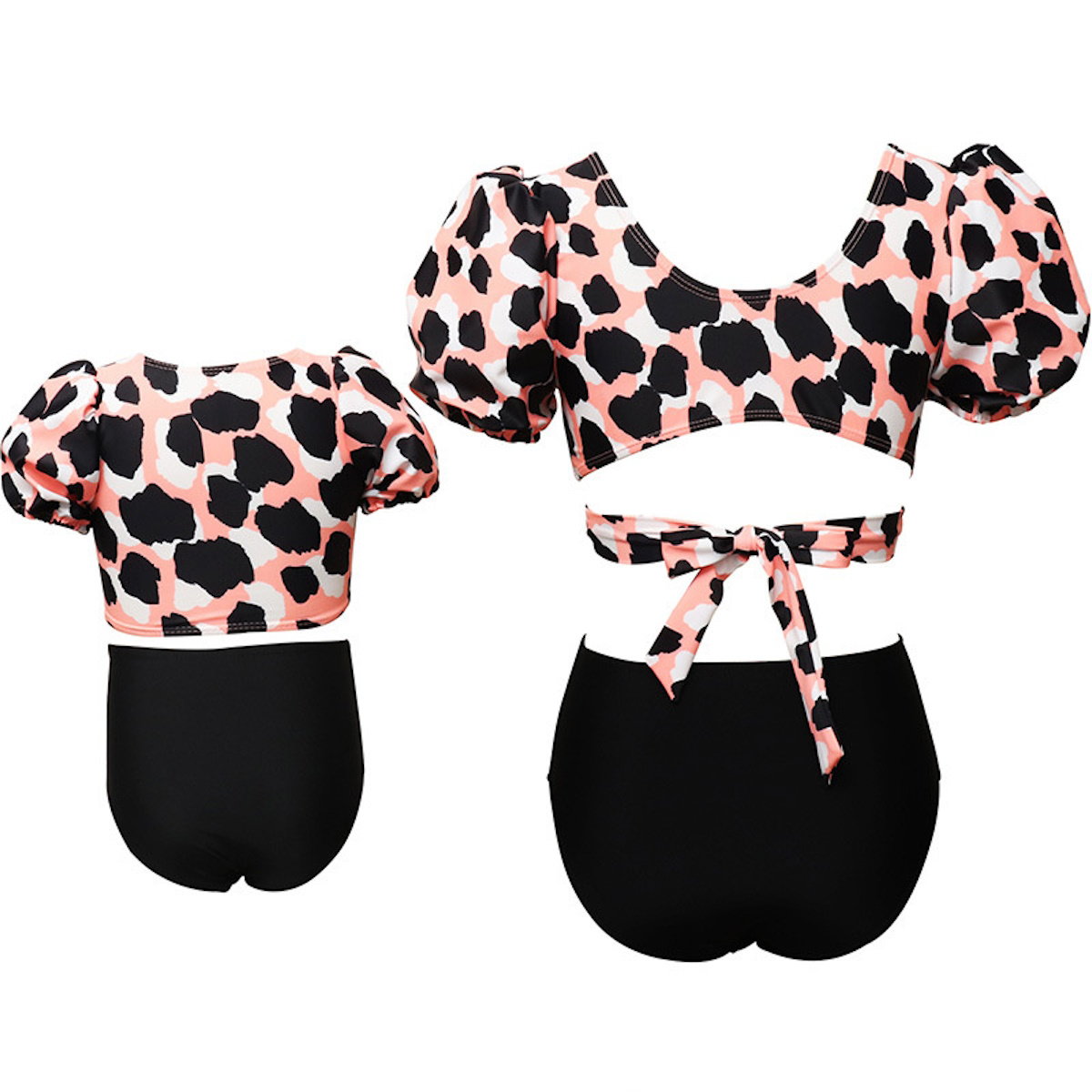 Summer Cross Front Mommy and Me Bikini Set High Waist Bikini Leopard Print Tropical Print Mother Daughter Swimwear - ChildAngle