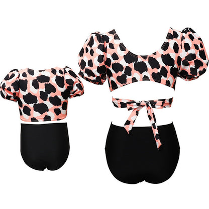 Summer Cross Front Mommy and Me Bikini Set High Waist Bikini Leopard Print Tropical Print Mother Daughter Swimwear - ChildAngle