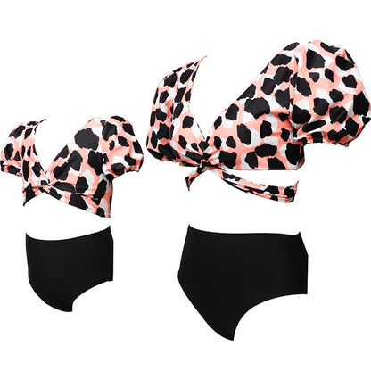Summer Cross Front Mommy and Me Bikini Set High Waist Bikini Leopard Print Tropical Print Mother Daughter Swimwear - ChildAngle