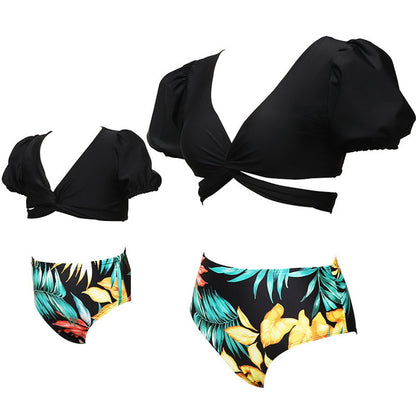 Summer Cross Front Mommy and Me Bikini Set High Waist Bikini Leopard Print Tropical Print Mother Daughter Swimwear - ChildAngle