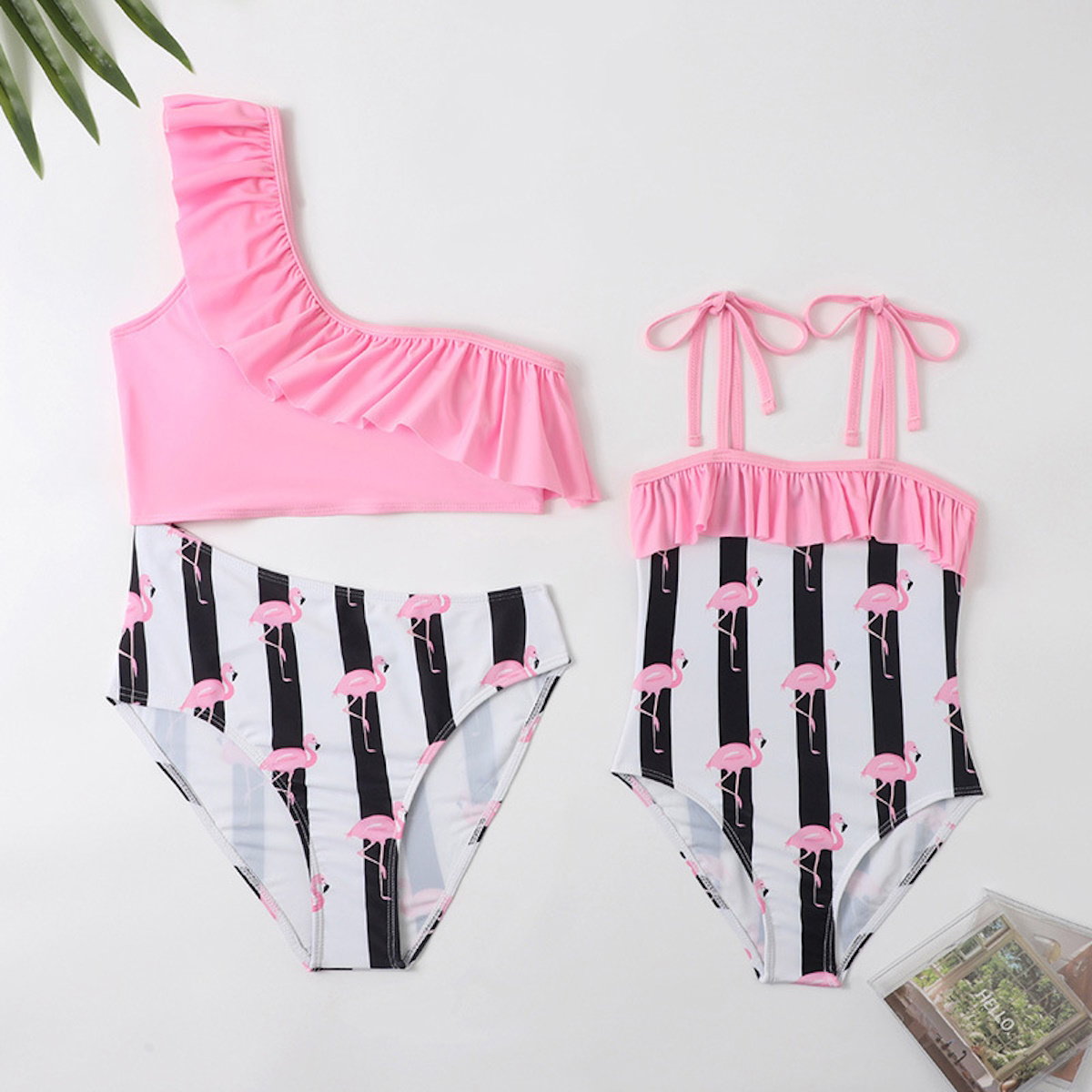 Pink and black flamingo-patterned one piece swimsuit - ChildAngle