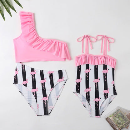 Pink and black flamingo-patterned one piece swimsuit - ChildAngle