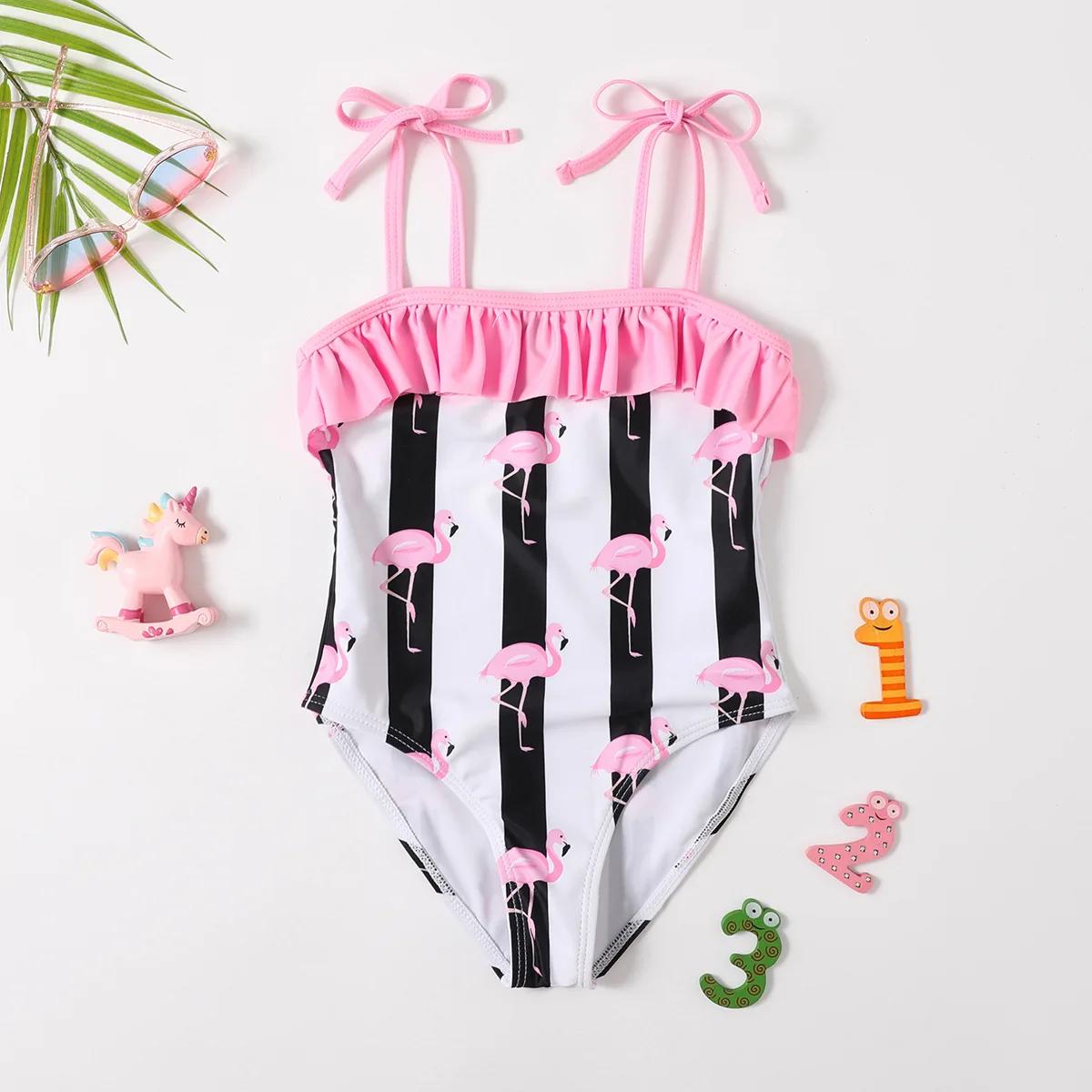 One-piece swimsuit with flamingo pattern and pink straps - ChildAngle