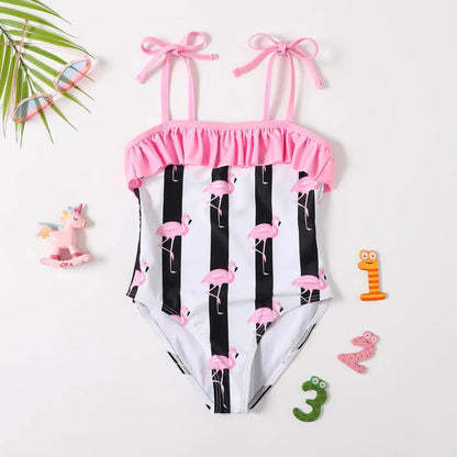 One-piece swimsuit with flamingo pattern and pink straps - ChildAngle