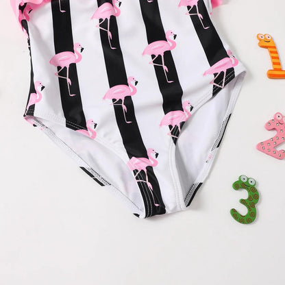 White swimsuit with black stripes and pink flamingo pattern - ChildAngle