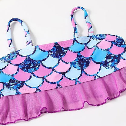 Colorful mermaid scale patterned top with ruffled hem bikini set - ChildAngle