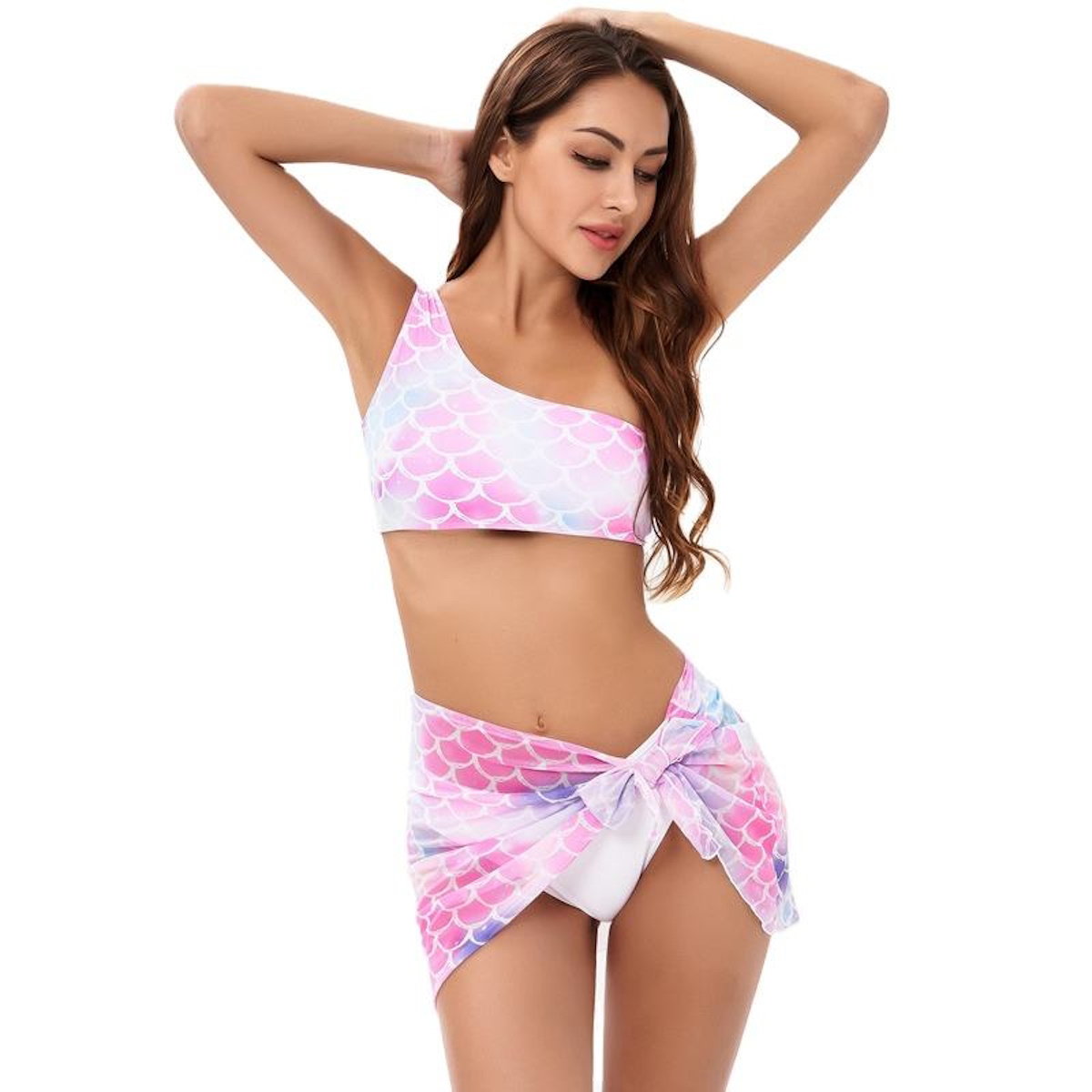Woman wearing a pink and white mermaid scale patterned bikini set - ChildAngle