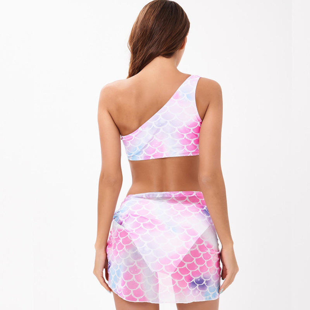 Woman wearing a colorful mermaid scale patterned two-piece outfit - ChildAngle