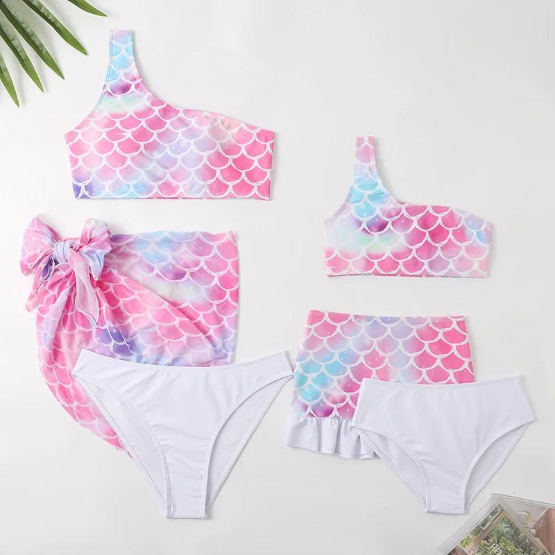 Mermaid scale patterned swimsuit set Two Pieces Bikini Set with Coverups - ChildAngle