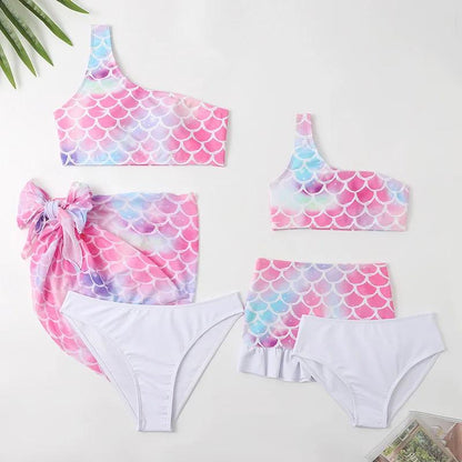 Mermaid scale patterned swimsuit set Two Pieces Bikini Set with Coverups - ChildAngle