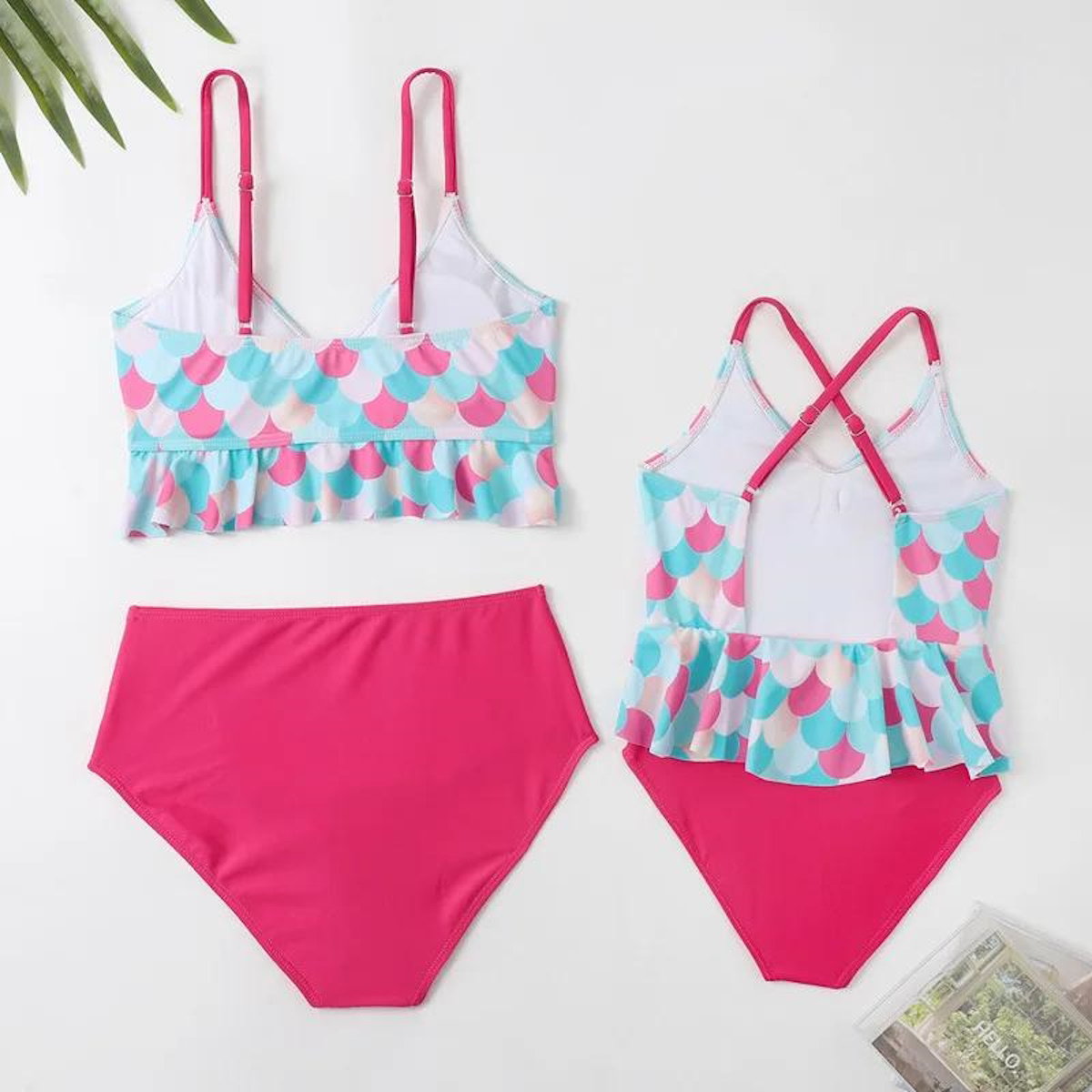 Two-piece swimsuit with colorful patterned top and pink bottom Mermaid Scale Bikini Set - ChildAngle