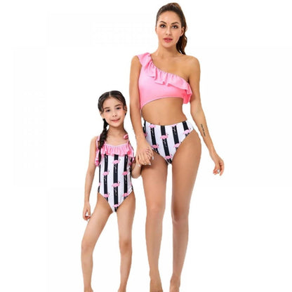 Two matching pink and black striped swimsuits Flamingo Print - ChildAngle