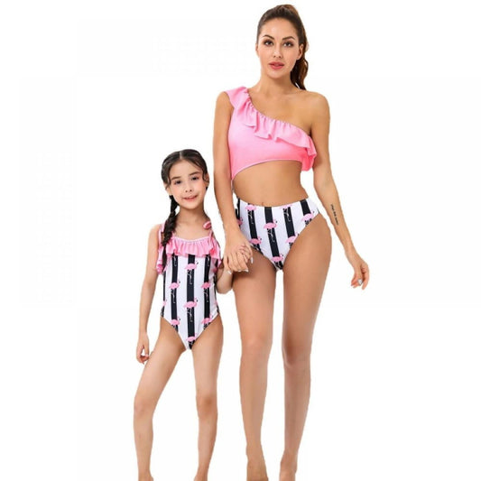 Two matching pink and black striped swimsuits Flamingo Print - ChildAngle